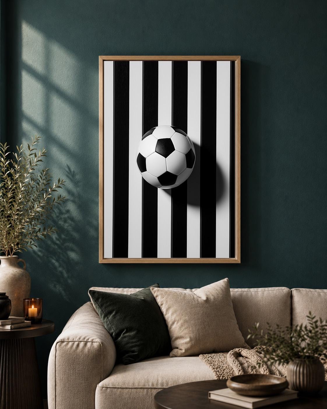 Black and White Striped Football Soccer Framed Canvas by The Wall Art Studio - physical