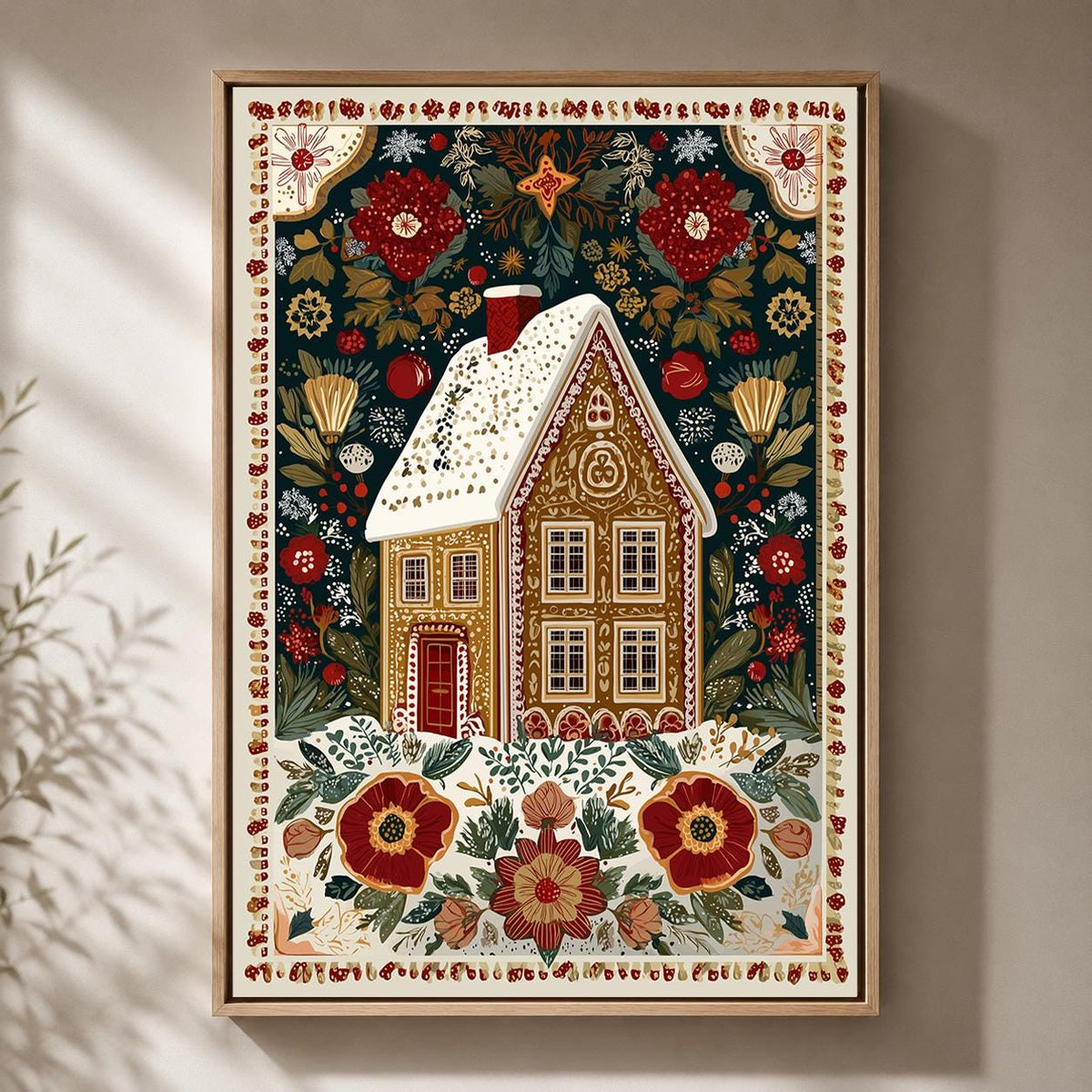 Gingerbread House Folk Art Christmas Vintage Festive Floral Framed Canvas by The Wall Art Studio - physical