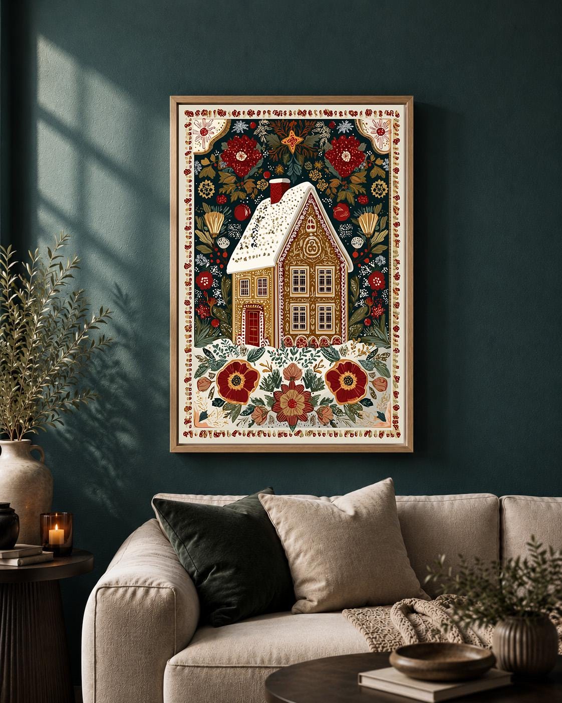 Gingerbread House Folk Art Christmas Vintage Festive Floral Framed Canvas by The Wall Art Studio - physical