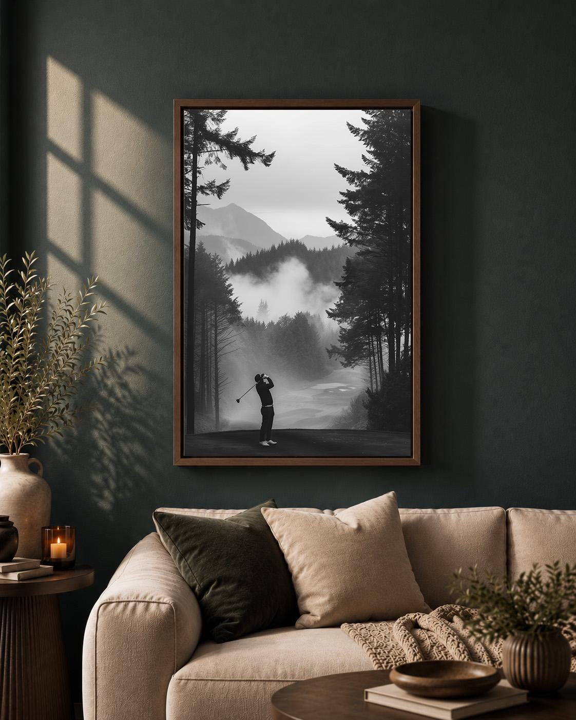 Misty Forest Golf Course Black and White Golfer Framed Canvas by The Wall Art Studio - physical