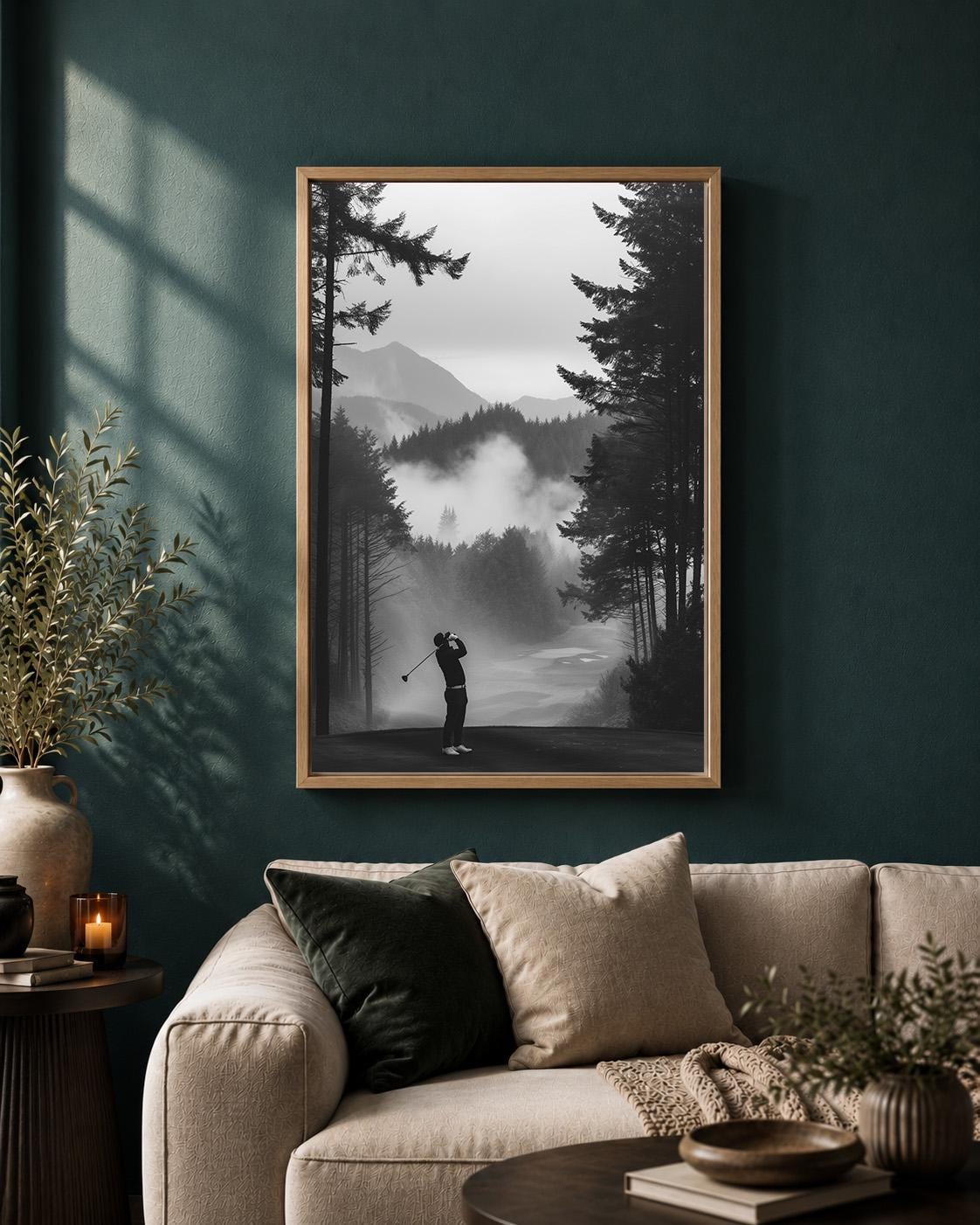 Misty Forest Golf Course Black and White Golfer Framed Canvas by The Wall Art Studio - physical