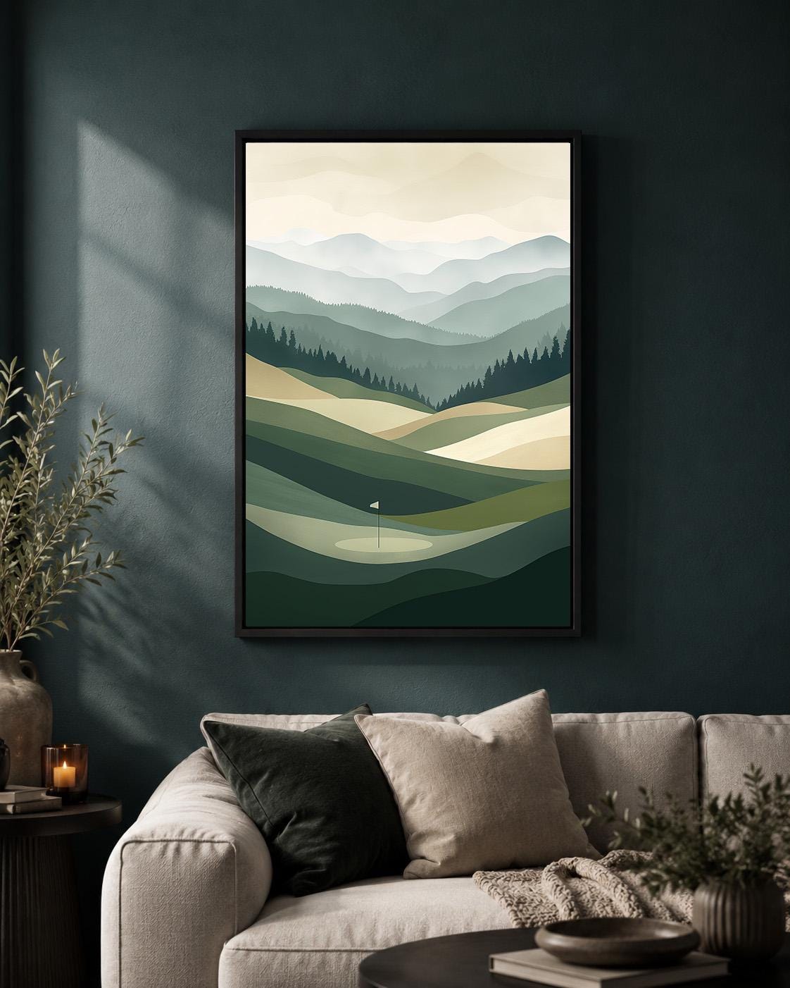 Golf Course Landscape Minimalist Green Mountain Framed Canvas by The Wall Art Studio - physical