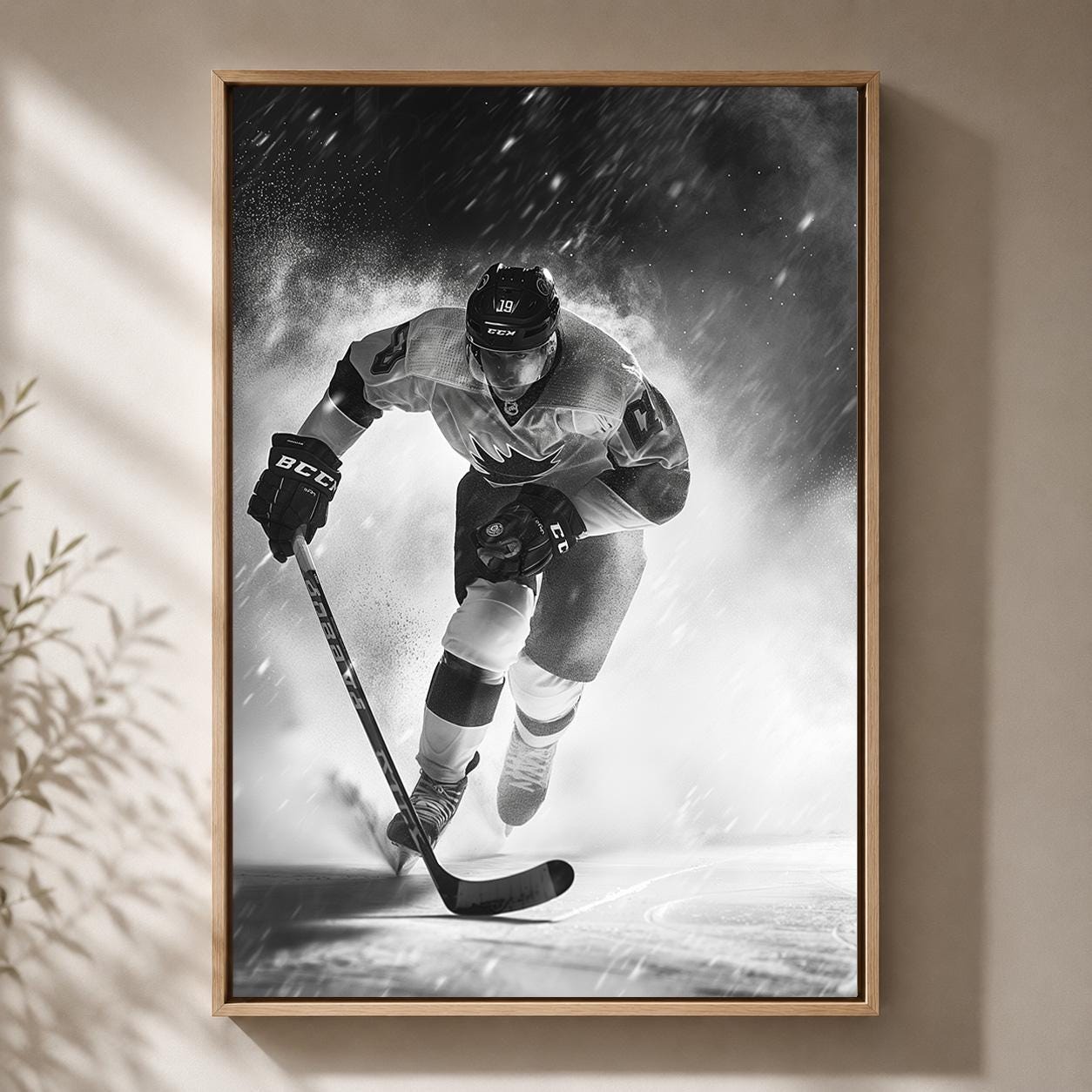 Black and White Hockey Player Action Sports Framed Canvas by The Wall Art Studio - physical