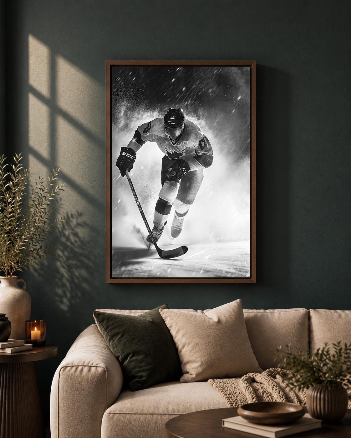 Black and White Hockey Player Action Sports Framed Canvas by The Wall Art Studio - physical