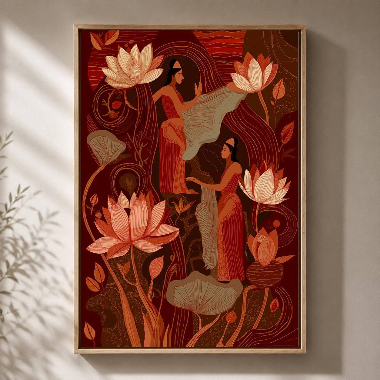 Indian InspiredLotus Flower Women Terracotta Boho Framed Canvas by The Wall Art Studio - physical