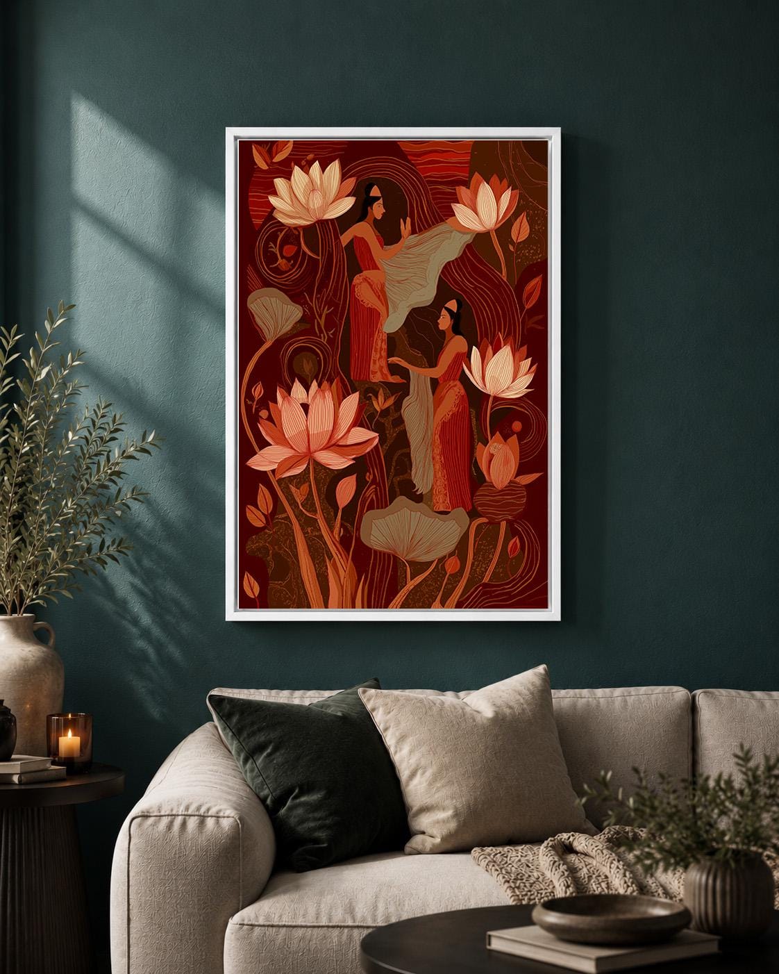 Indian InspiredLotus Flower Women Terracotta Boho Framed Canvas by The Wall Art Studio - physical