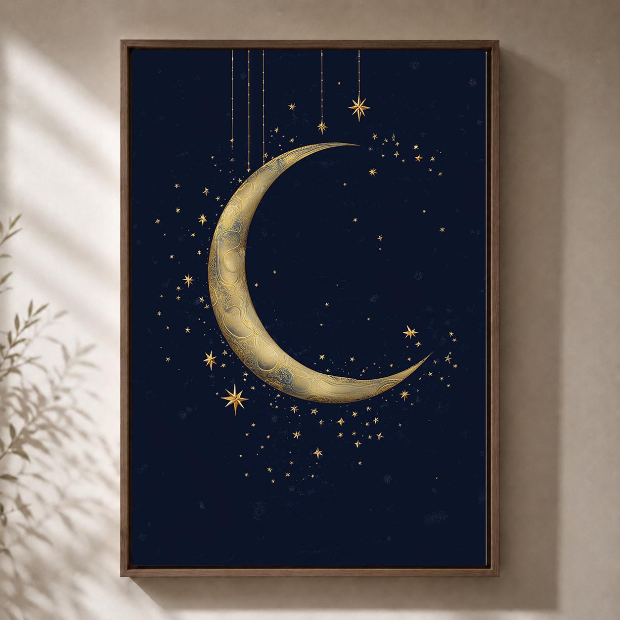 Gold Crescent Moon Celestial Navy Blue Stars Islamic Spiritual Framed Canvas by The Wall Art Studio - physical