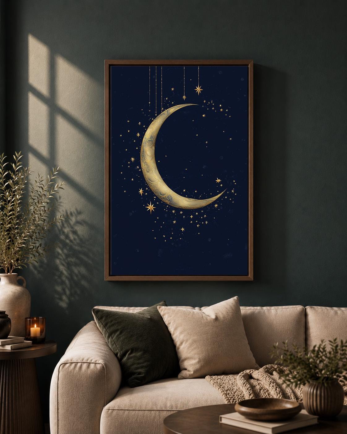 Gold Crescent Moon Celestial Navy Blue Stars Islamic Spiritual Framed Canvas by The Wall Art Studio - physical