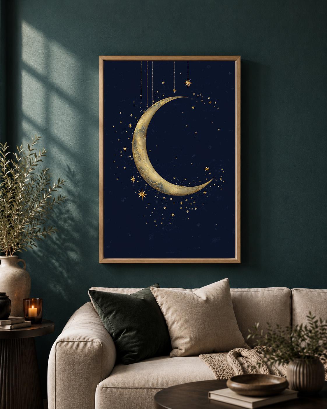Gold Crescent Moon Celestial Navy Blue Stars Islamic Spiritual Framed Canvas by The Wall Art Studio - physical