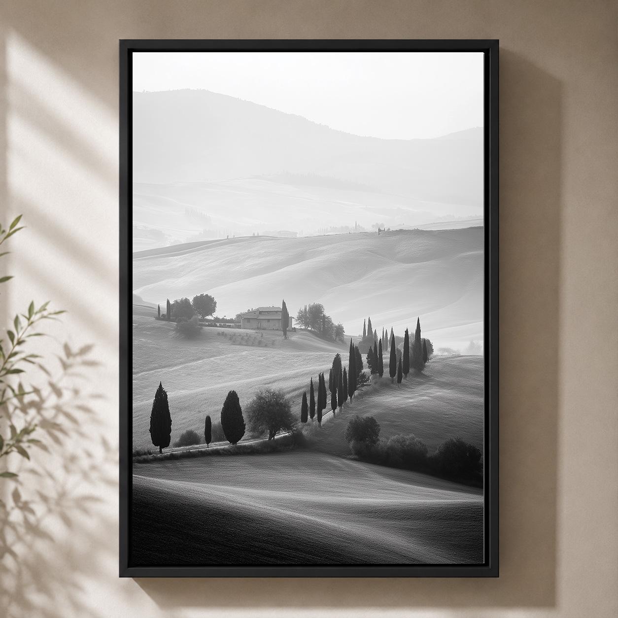 Black and White Tuscany Landscape Cypress Tree Italian Countryside Framed Canvas by The Wall Art Studio - physical