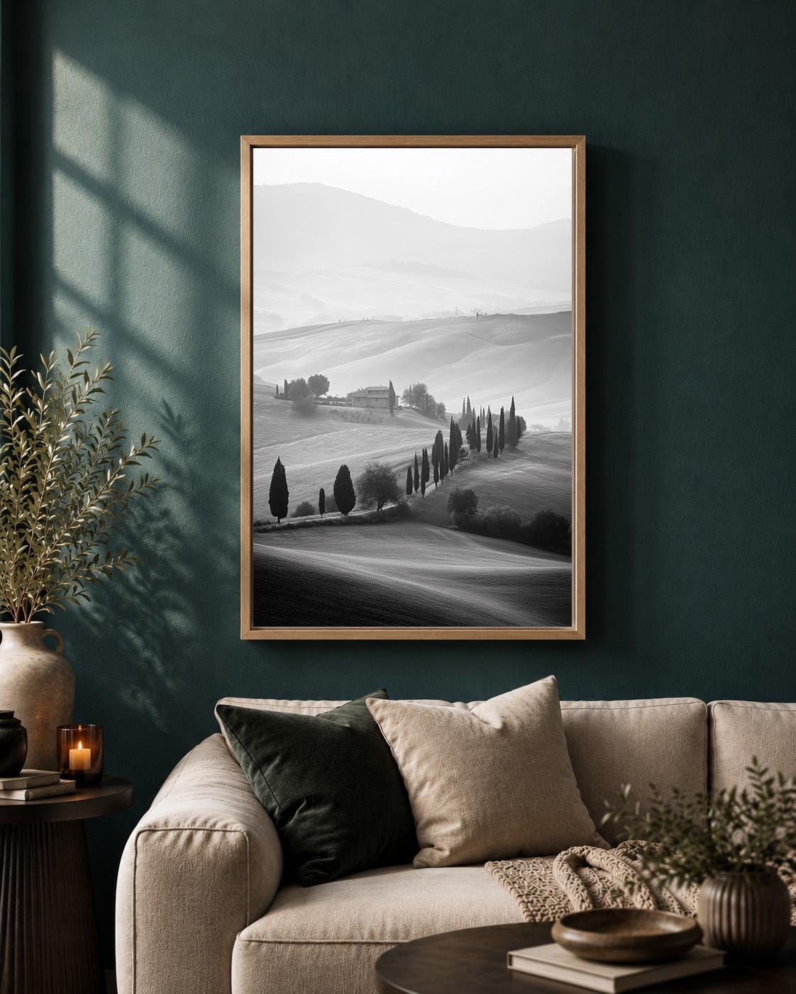 Black and White Tuscany Landscape Cypress Tree Italian Countryside Framed Canvas by The Wall Art Studio - physical
