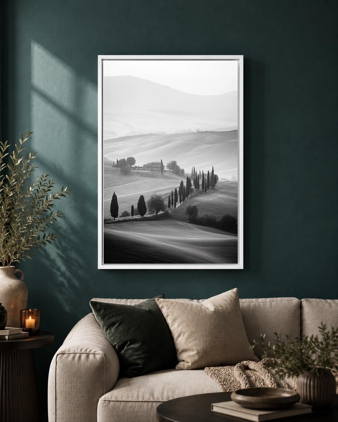 Black and White Tuscany Landscape Cypress Tree Italian Countryside Framed Canvas by The Wall Art Studio - physical