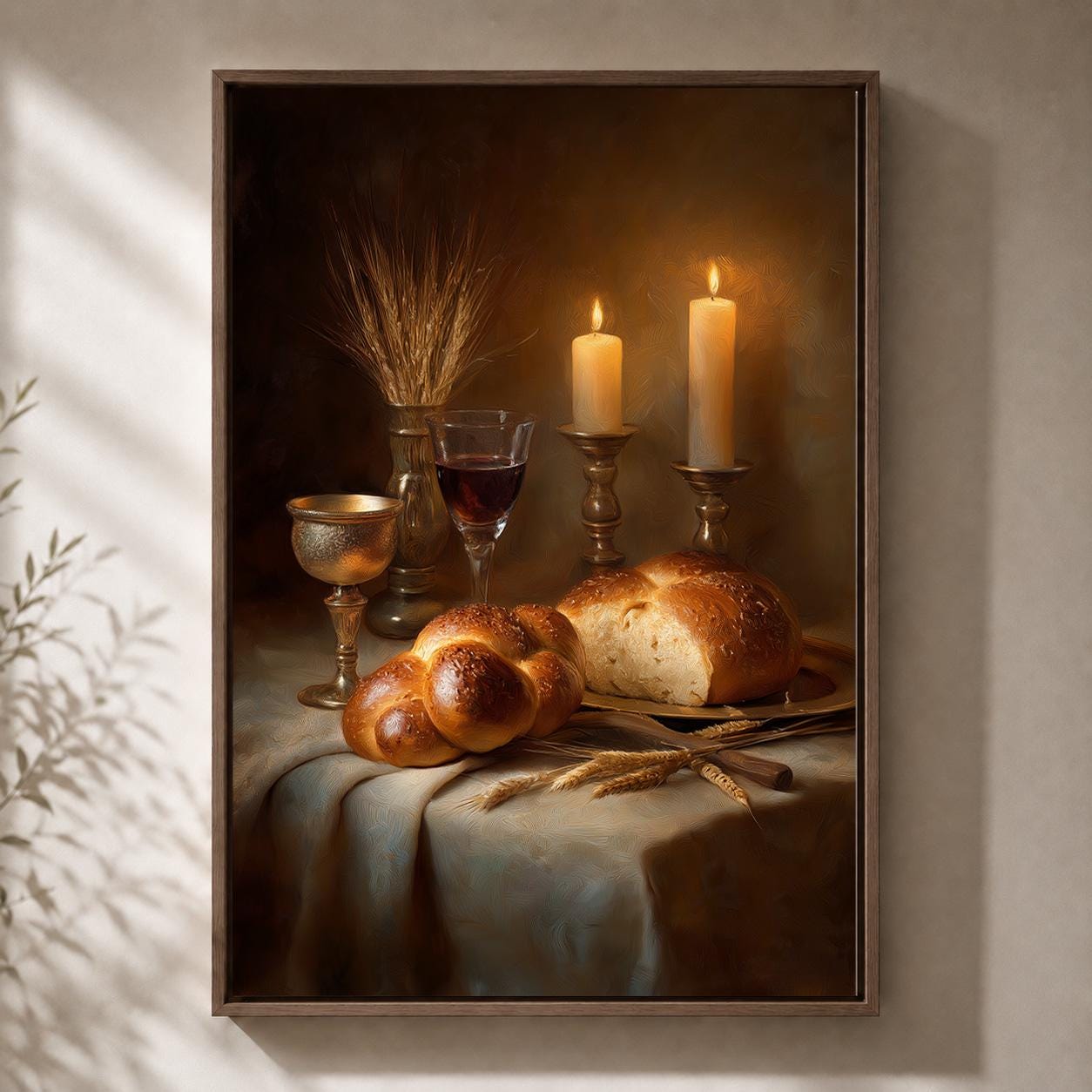 Jewish Shabbat Challah Bread Sabbath Candle Still Life Framed Canvas by The Wall Art Studio - physical
