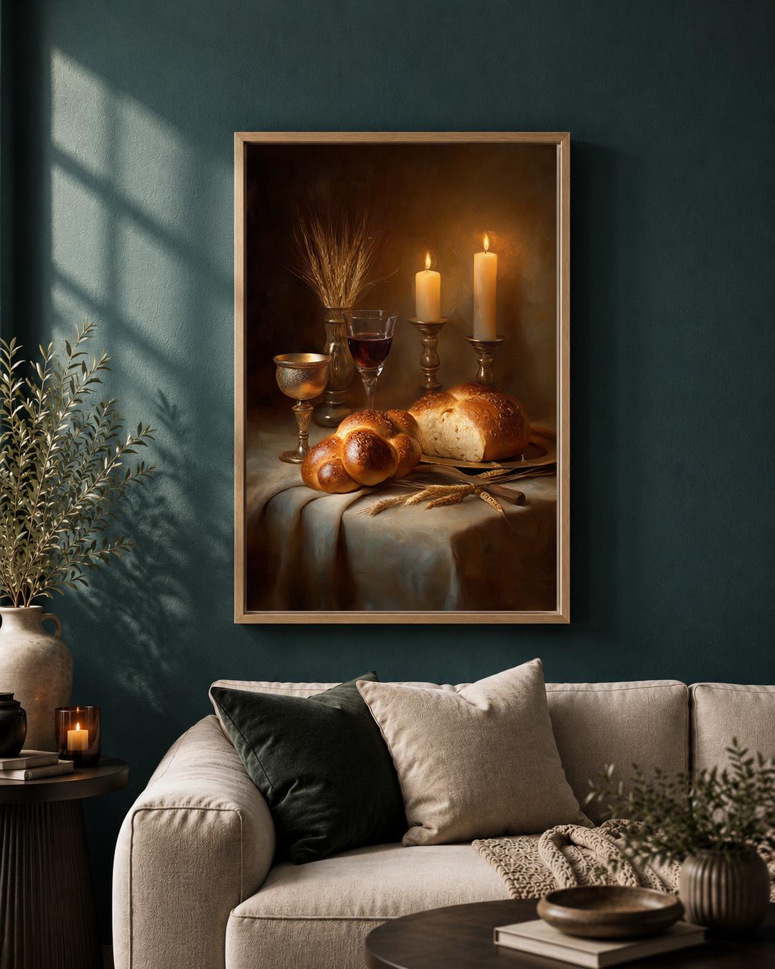 Jewish Shabbat Challah Bread Sabbath Candle Still Life Framed Canvas by The Wall Art Studio - physical