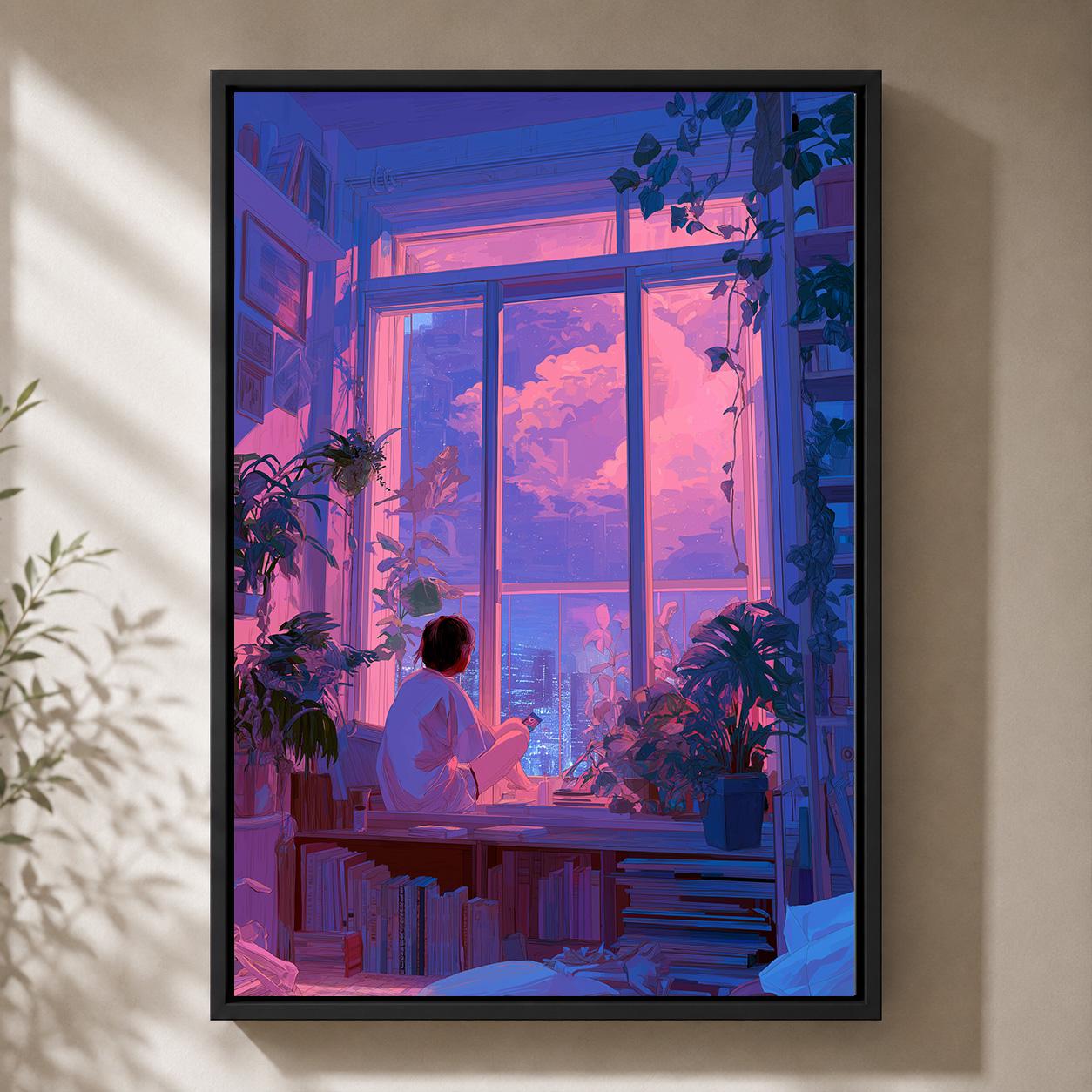 Lo-Fi Vaporwave Anime Inspired Neon City Window Framed Canvas by The Wall Art Studio - physical