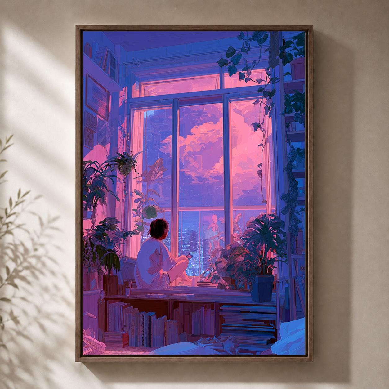 Lo-Fi Vaporwave Anime Inspired Neon City Window Framed Canvas by The Wall Art Studio - physical