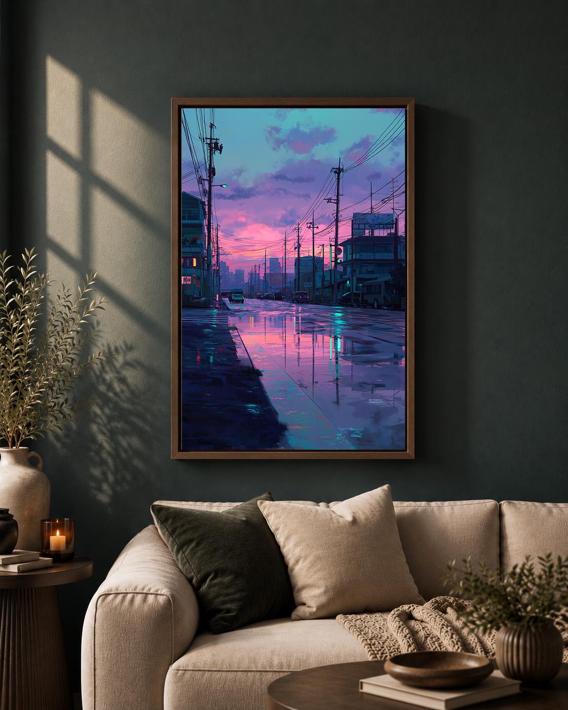Lo-Fi Vaporwave Japanese Street Neon Cityscape Rainy Night Framed Canvas by The Wall Art Studio - physical