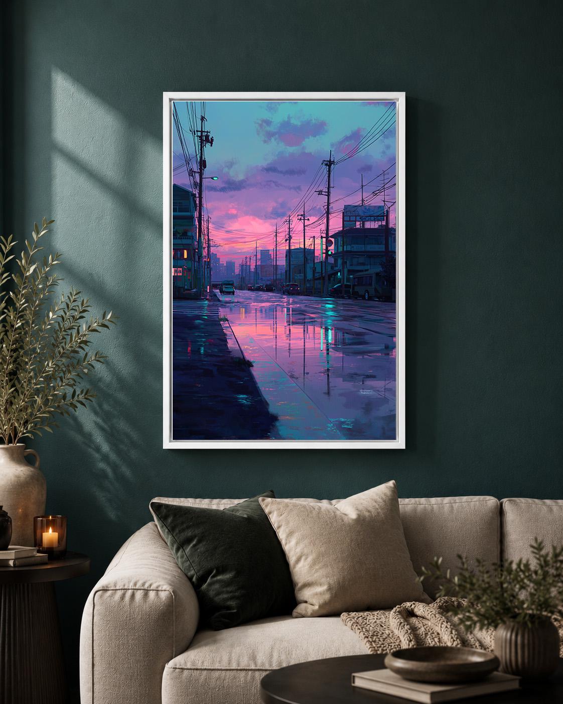 Lo-Fi Vaporwave Japanese Street Neon Cityscape Rainy Night Framed Canvas by The Wall Art Studio - physical