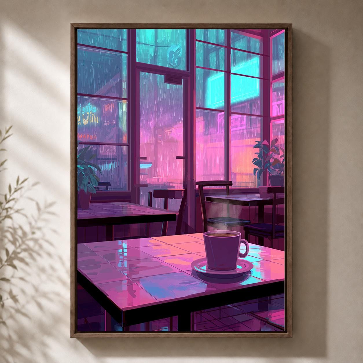 Lo-Fi Coffee Shop Neon Rainy Night Vaporwave Cafe Framed Canvas by The Wall Art Studio - physical