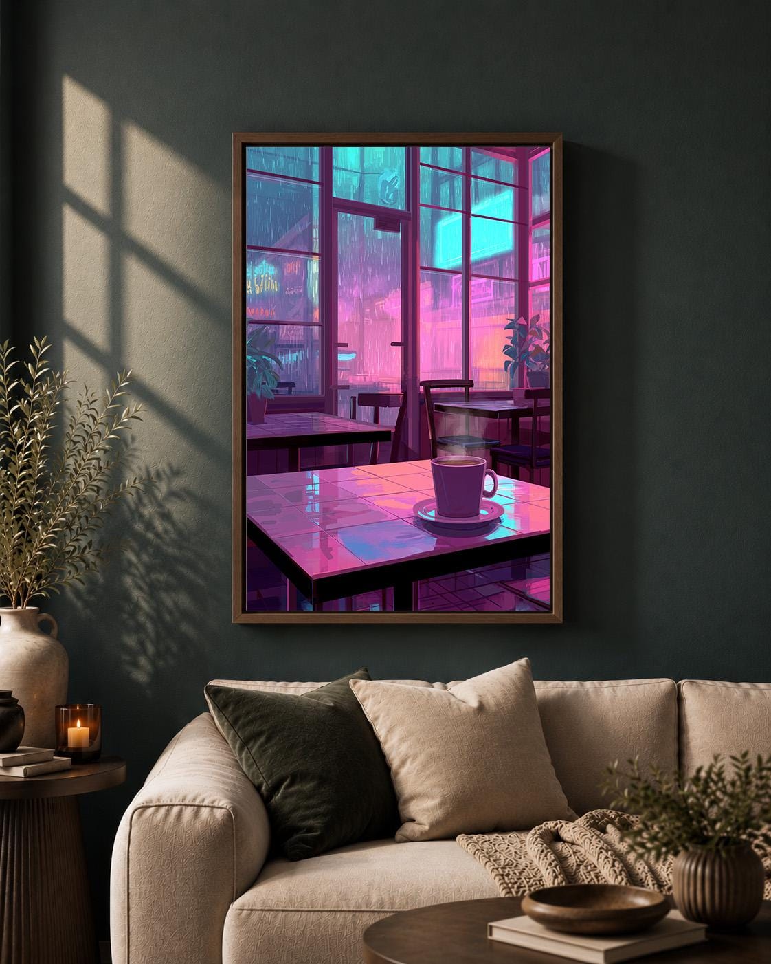 Lo-Fi Coffee Shop Neon Rainy Night Vaporwave Cafe Framed Canvas by The Wall Art Studio - physical
