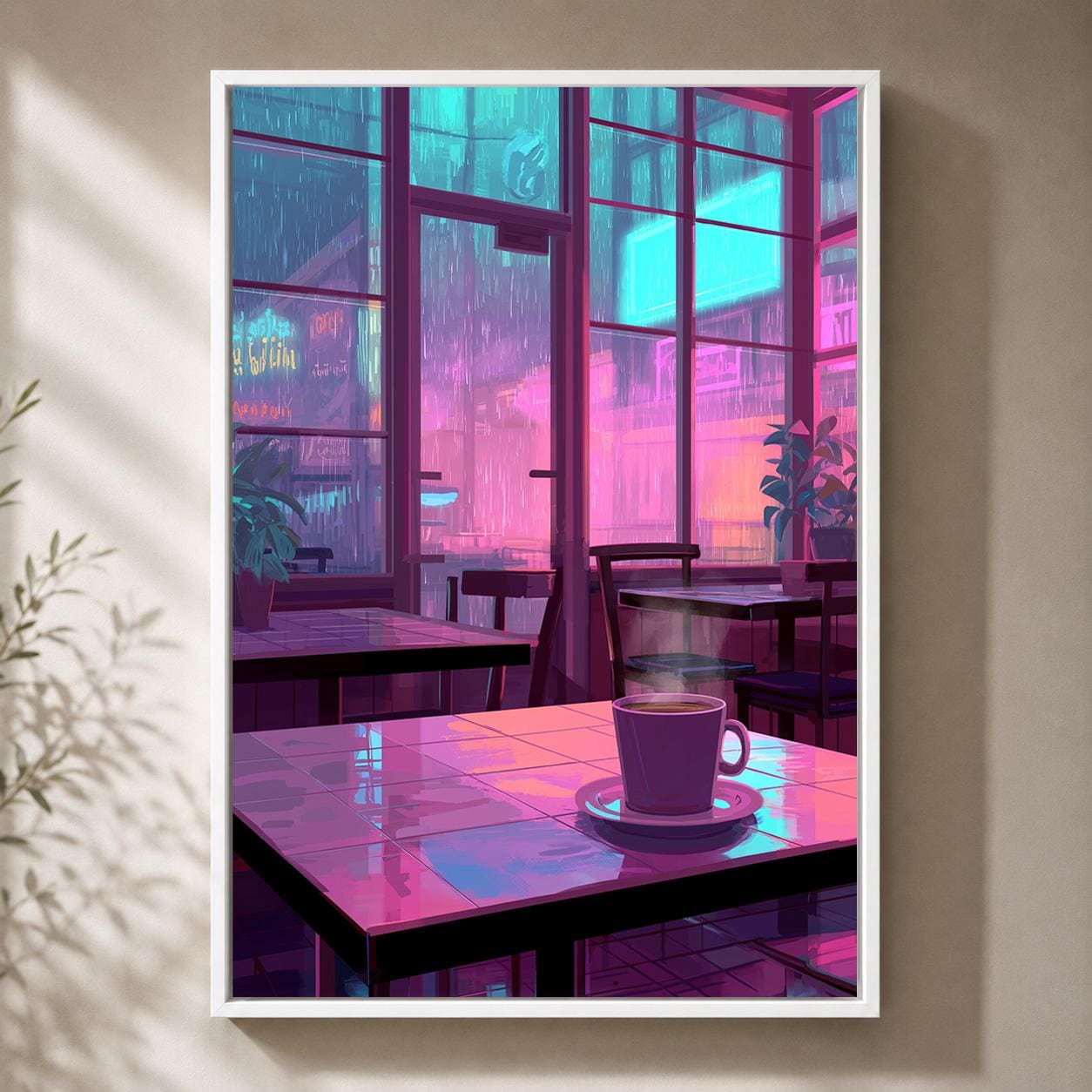 Lo-Fi Coffee Shop Neon Rainy Night Vaporwave Cafe Framed Canvas by The Wall Art Studio - physical