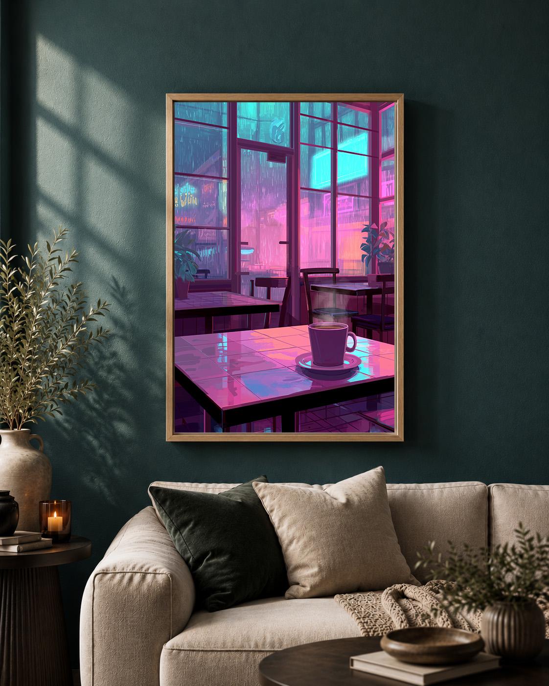 Lo-Fi Coffee Shop Neon Rainy Night Vaporwave Cafe Framed Canvas by The Wall Art Studio - physical