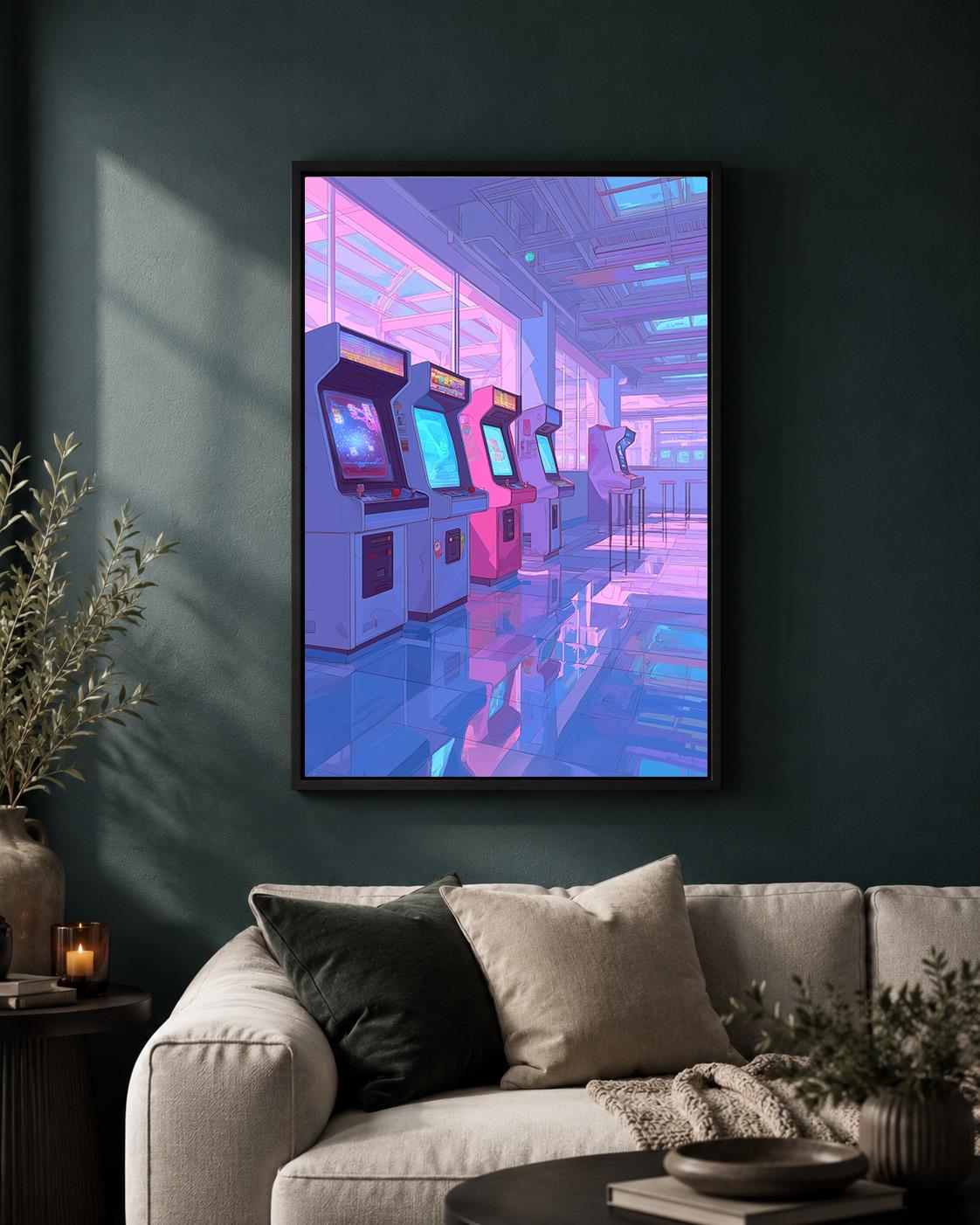 Lo-Fi Retro Arcade Vaporwave Gaming Pink & Blue Neon Arcade Framed Canvas by The Wall Art Studio - physical