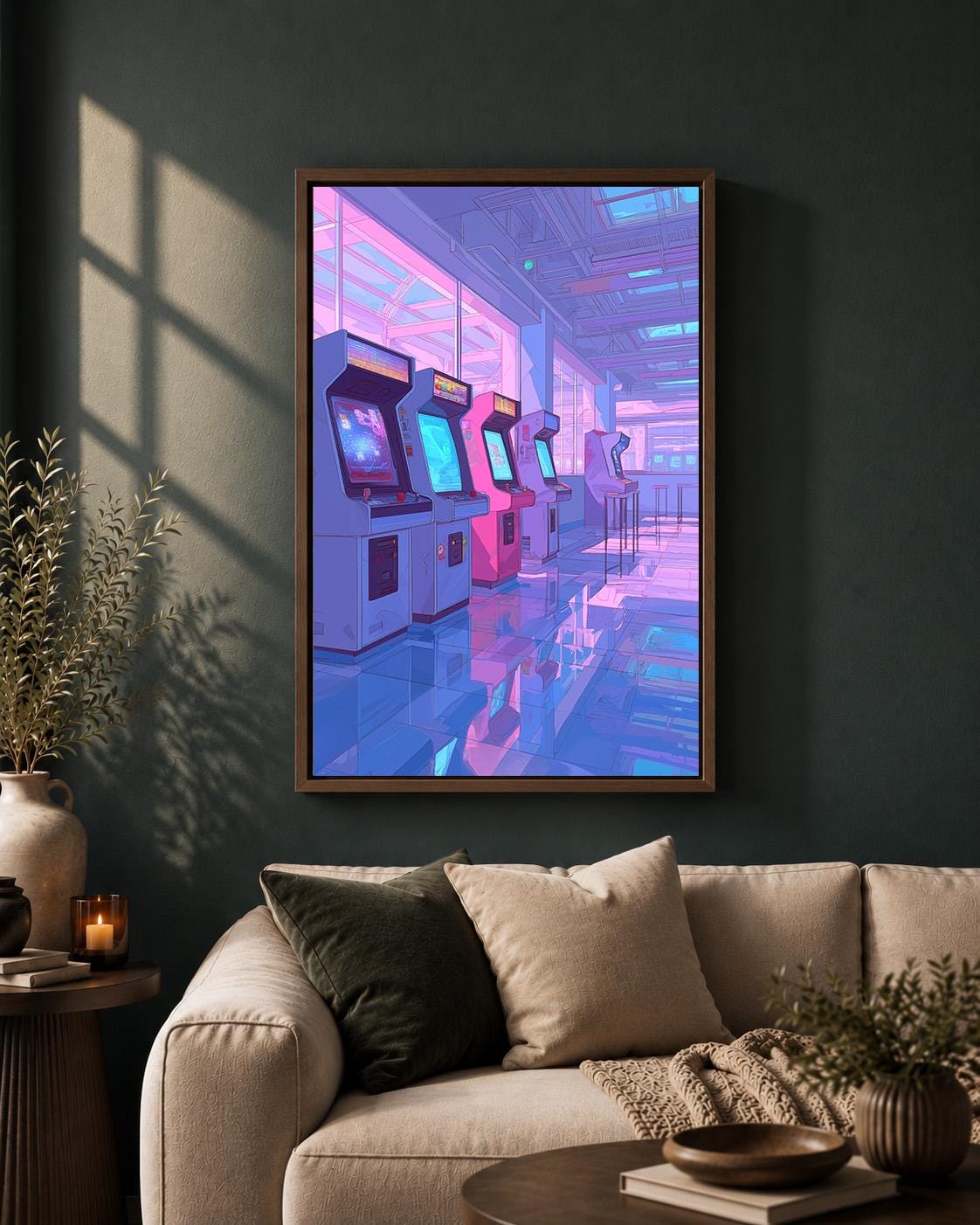 Lo-Fi Retro Arcade Vaporwave Gaming Pink & Blue Neon Arcade Framed Canvas by The Wall Art Studio - physical