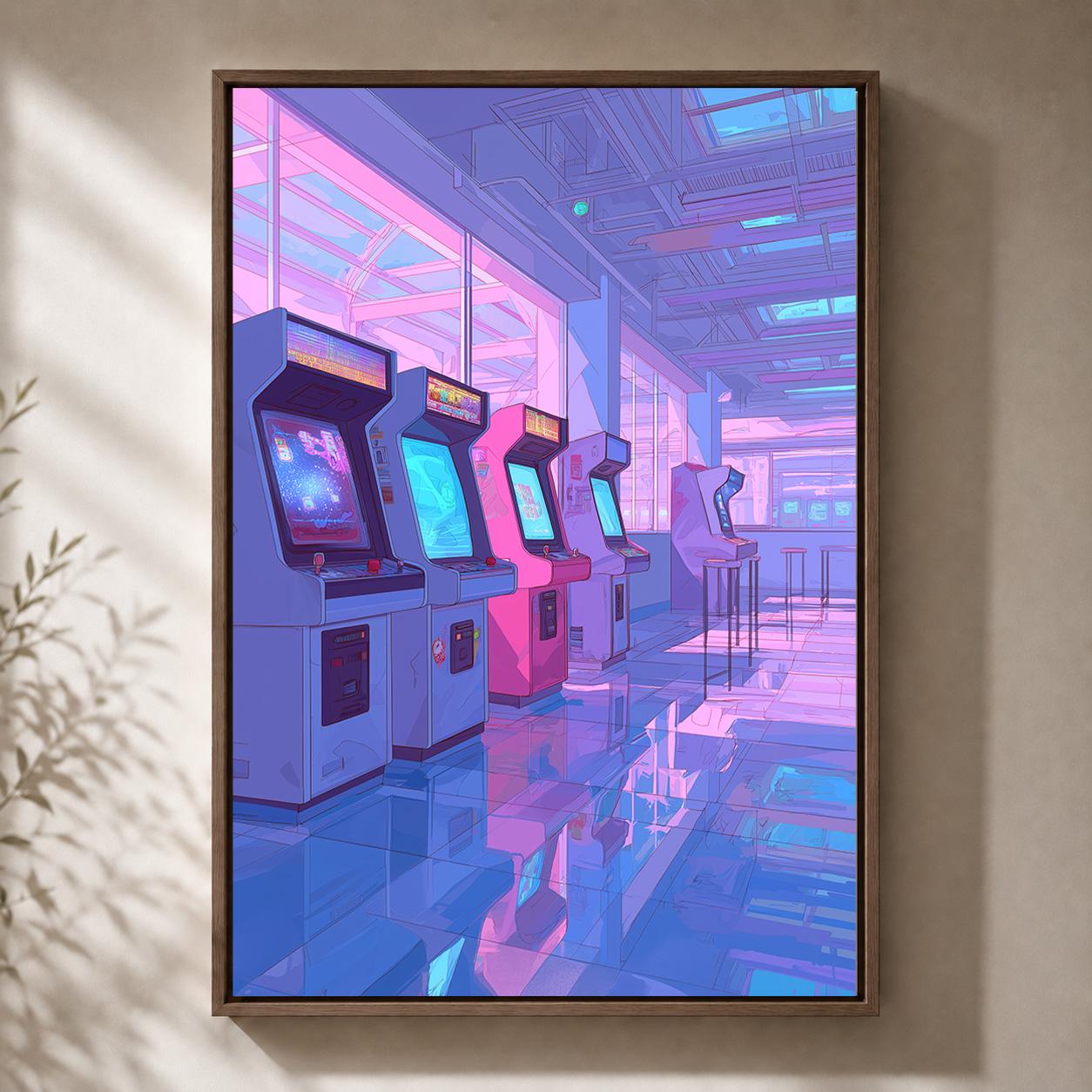 Lo-Fi Retro Arcade Vaporwave Gaming Pink & Blue Neon Arcade Framed Canvas by The Wall Art Studio - physical