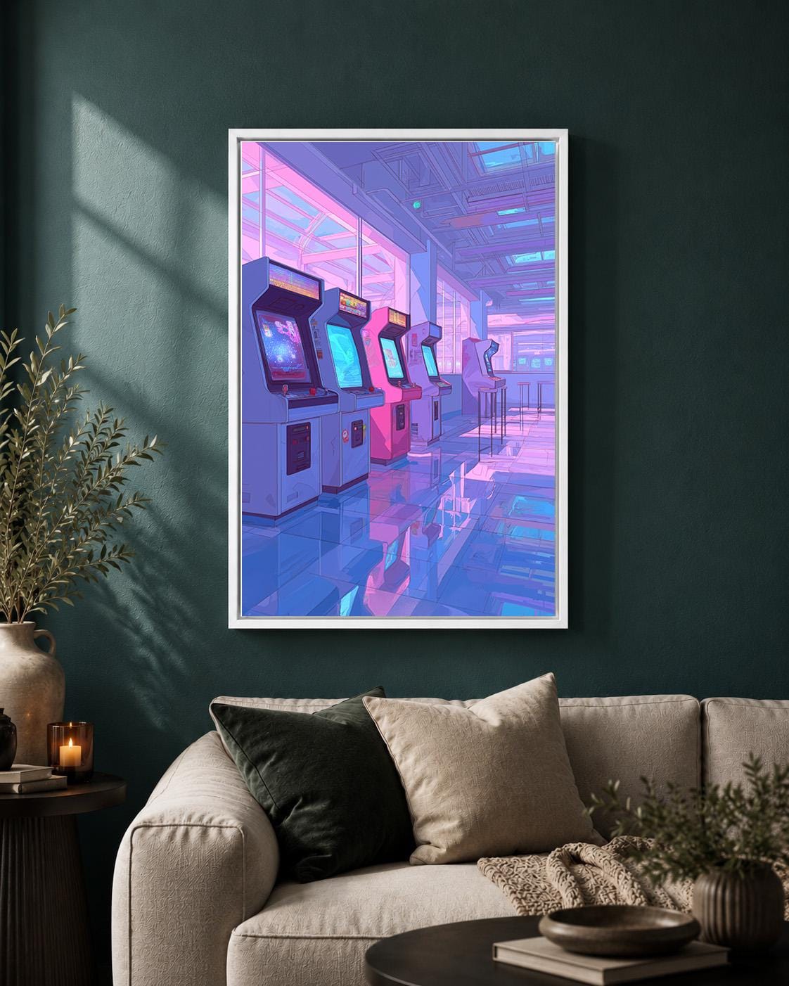 Lo-Fi Retro Arcade Vaporwave Gaming Pink & Blue Neon Arcade Framed Canvas by The Wall Art Studio - physical