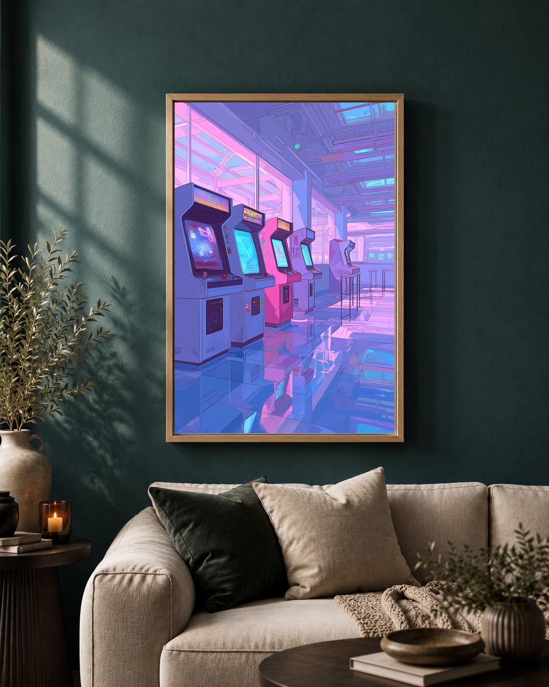 Lo-Fi Retro Arcade Vaporwave Gaming Pink & Blue Neon Arcade Framed Canvas by The Wall Art Studio - physical