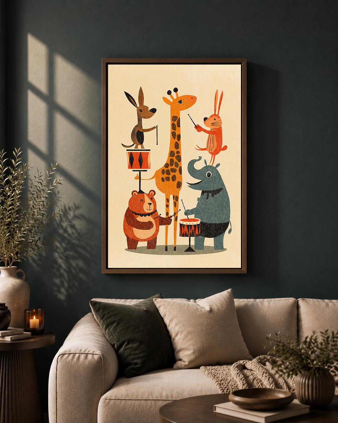Animal Band Retro Kids Room Mid Century Nursery Framed Canvas by The Wall Art Studio - physical