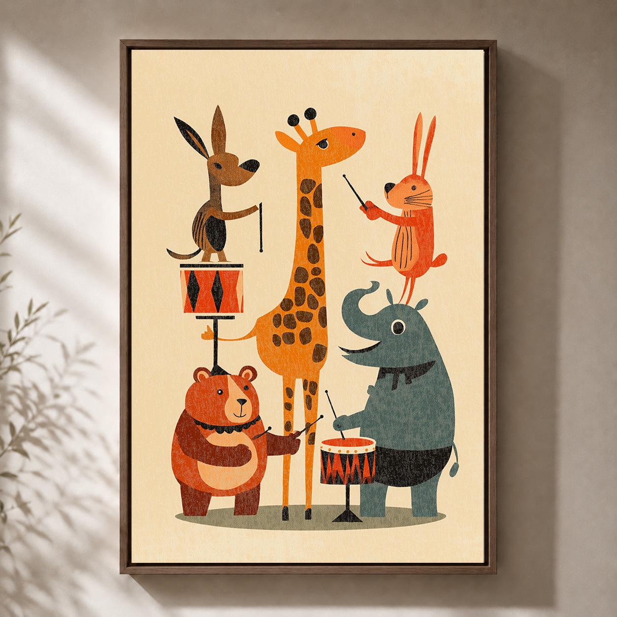 Animal Band Retro Kids Room Mid Century Nursery Framed Canvas by The Wall Art Studio - physical