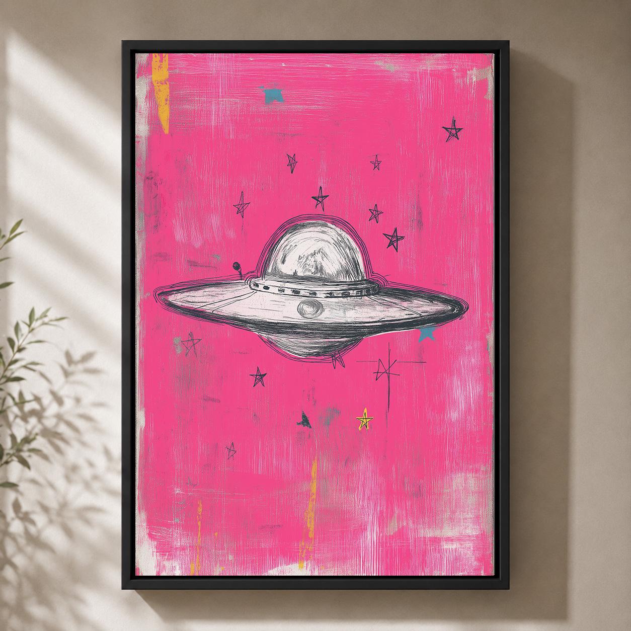 UFO Pink Retro Sci Fi Flying Saucer Mixed Media Celestial Framed Canvas by The Wall Art Studio - physical