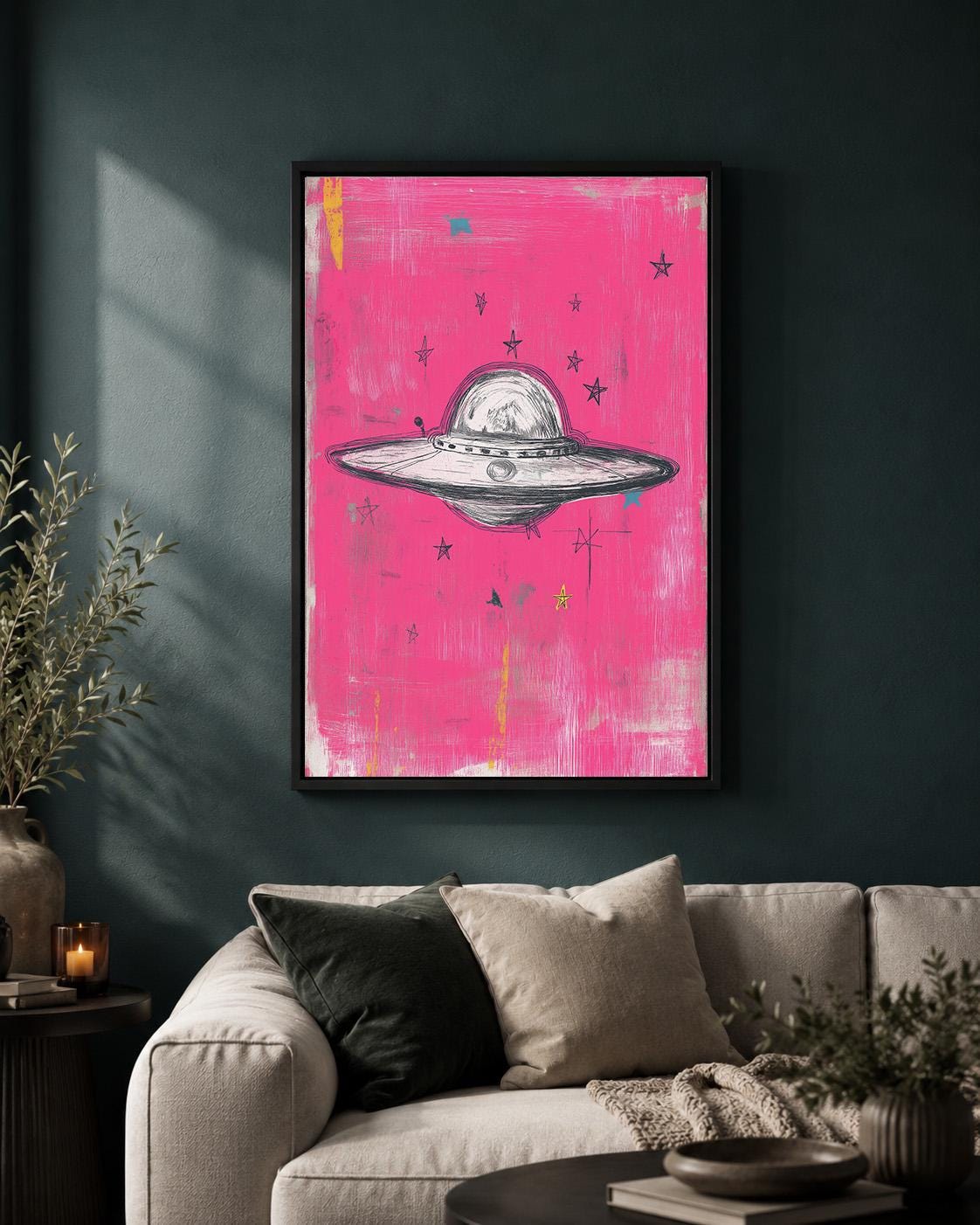 UFO Pink Retro Sci Fi Flying Saucer Mixed Media Celestial Framed Canvas by The Wall Art Studio - physical
