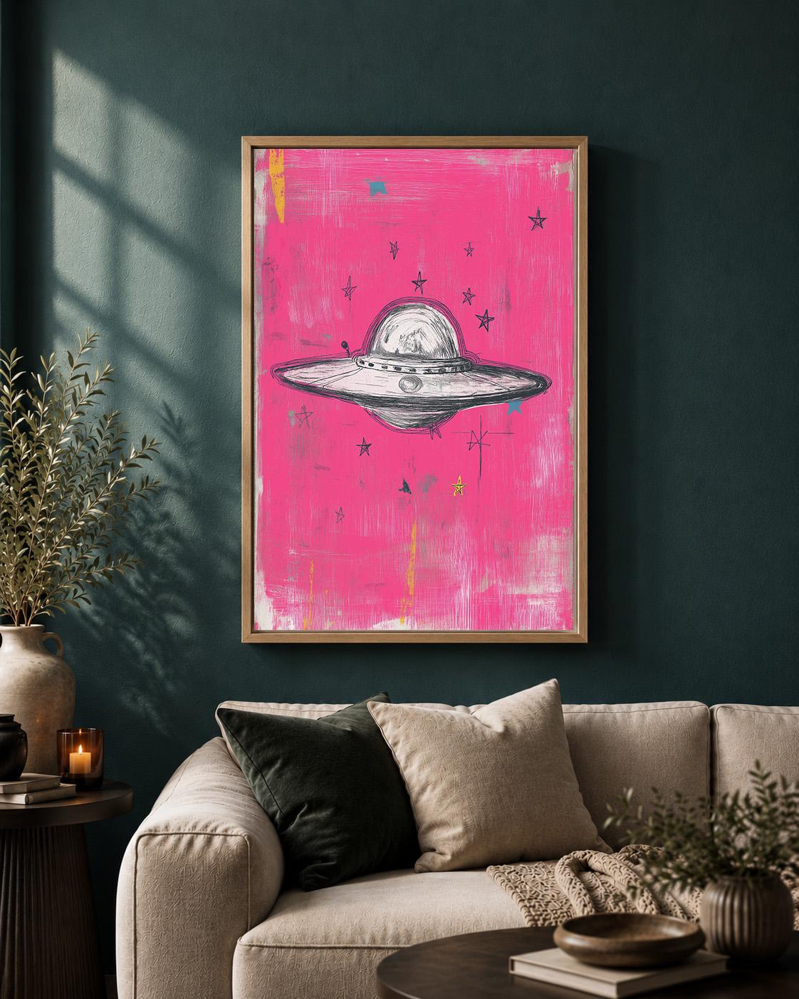 UFO Pink Retro Sci Fi Flying Saucer Mixed Media Celestial Framed Canvas by The Wall Art Studio - physical