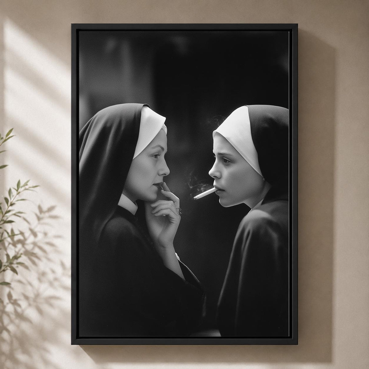 Nuns Smoking Black and White Vintage Style Photography Framed Canvas by The Wall Art Studio - physical
