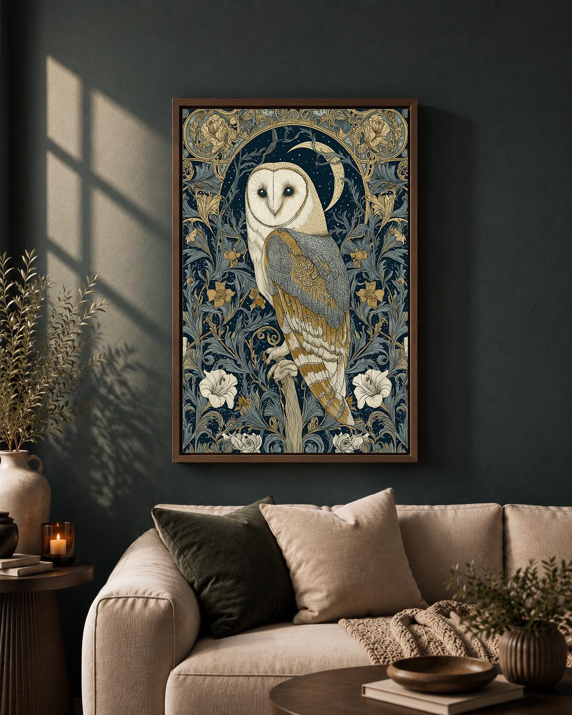 Art Nouveau Barn Owl Floral Celestial Moon Framed Canvas by The Wall Art Studio - physical