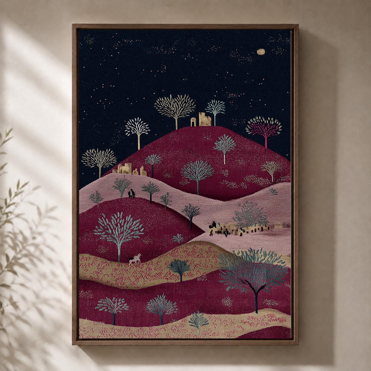 Palestinian Landscape Embroidered Folk Art Hills Framed Canvas by The Wall Art Studio - physical