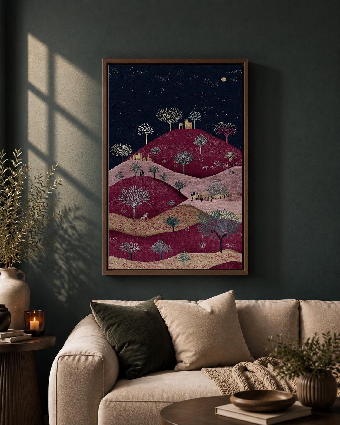 Palestinian Landscape Embroidered Folk Art Hills Framed Canvas by The Wall Art Studio - physical