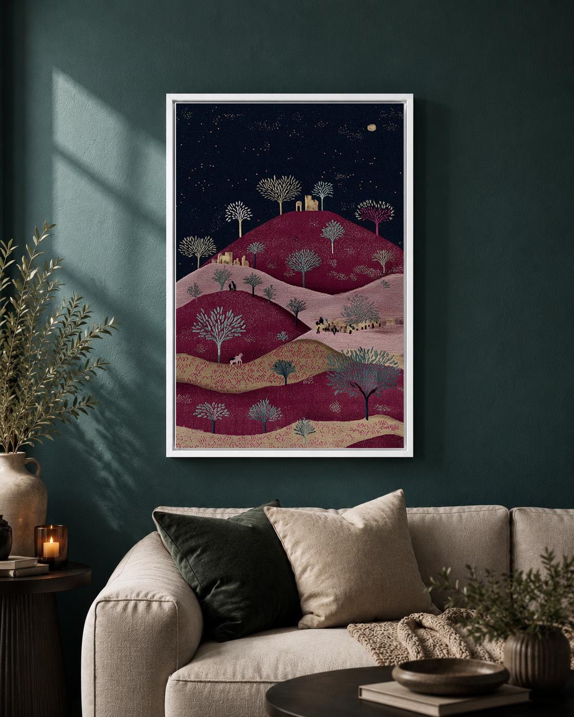 Palestinian Landscape Embroidered Folk Art Hills Framed Canvas by The Wall Art Studio - physical