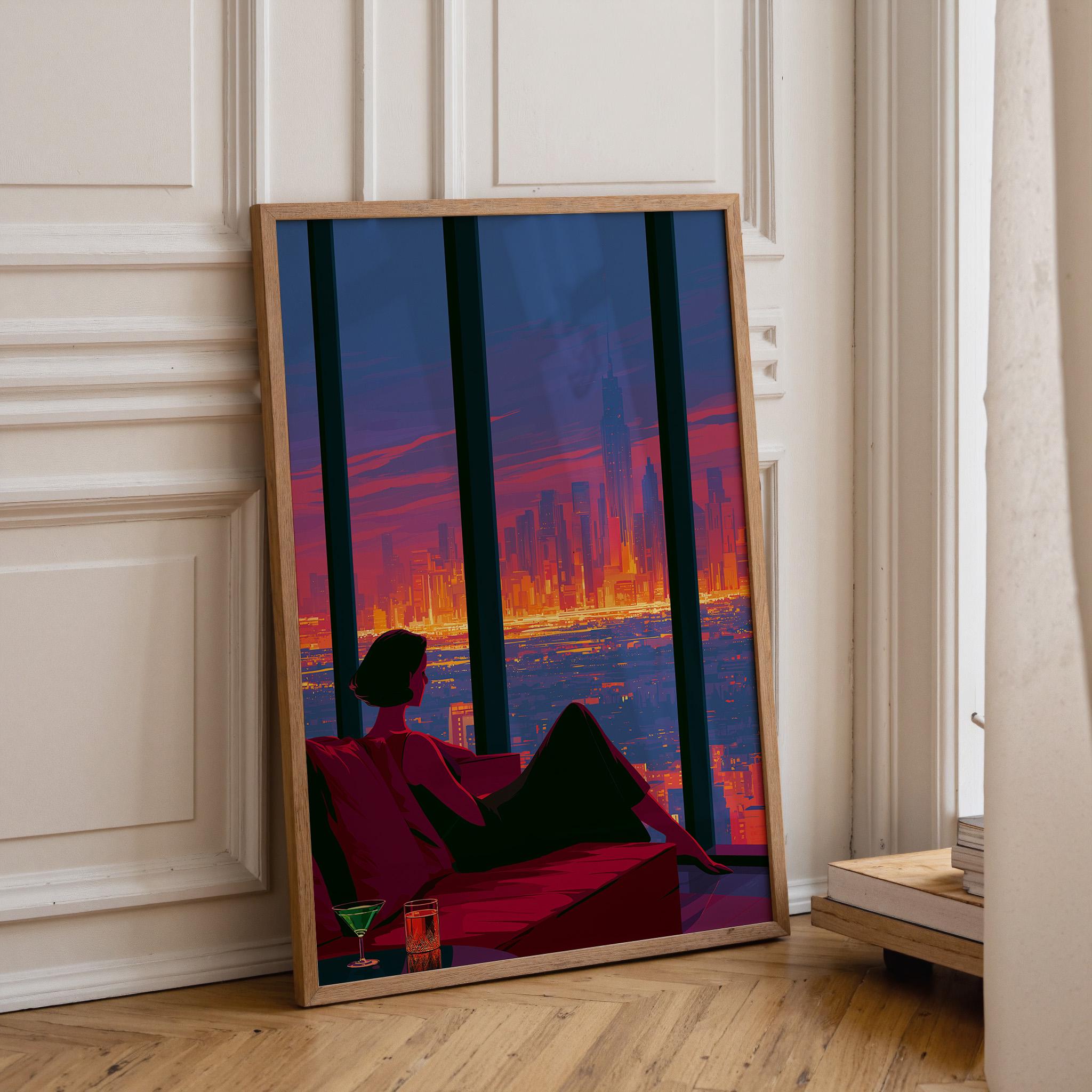 Neo Deco Luxury Penthouse Elegant Woman City Skyline Wall Art by The Wall Art Studio