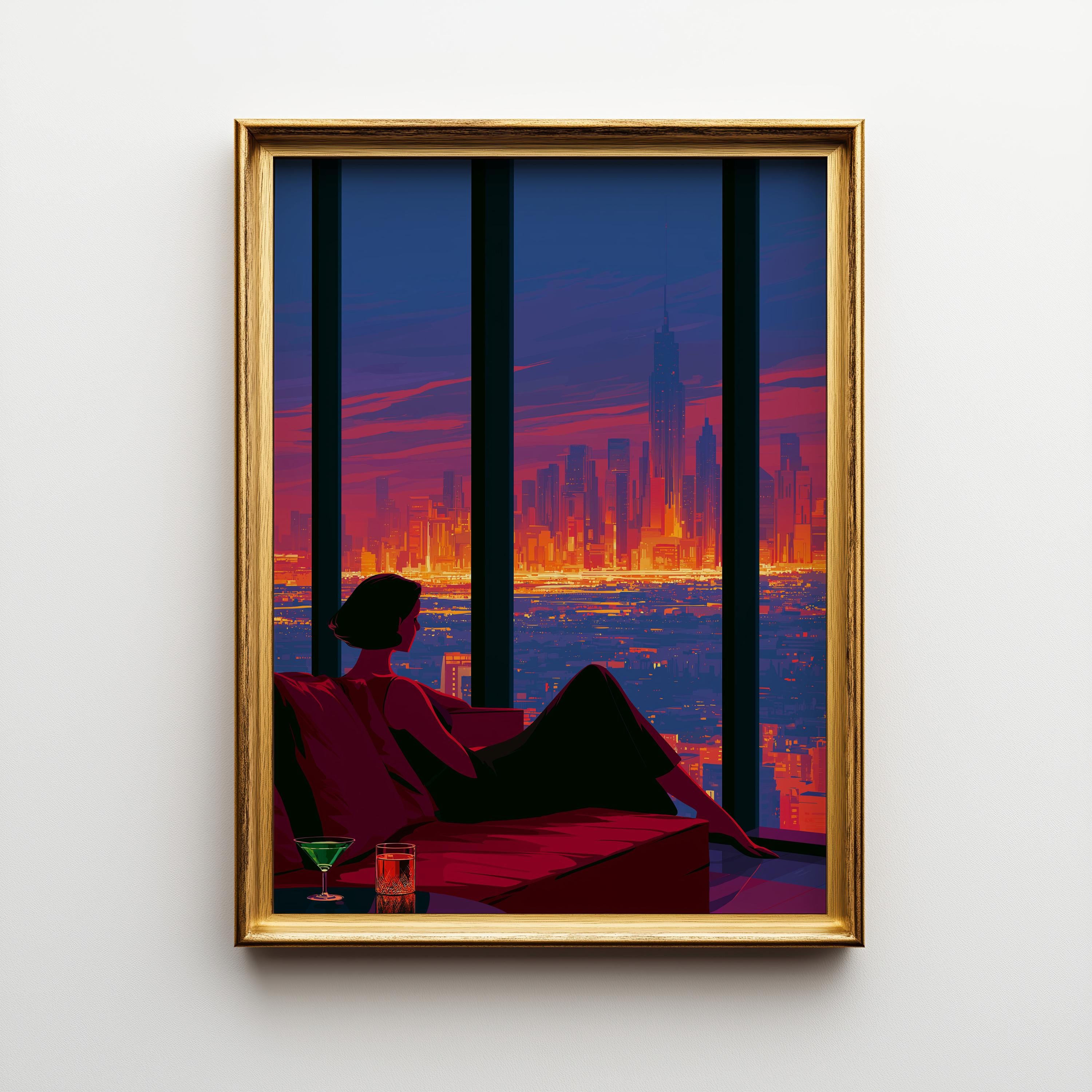 Neo Deco Luxury Penthouse Elegant Woman City Skyline Wall Art by The Wall Art Studio
