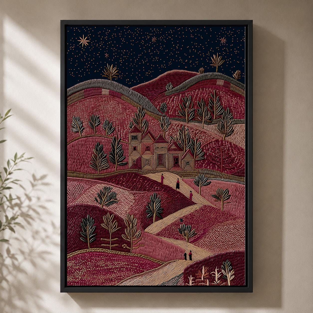 Palestinian Landscape Embroidered Effect Folk Art Olive Tree Framed Canvas by The Wall Art Studio - physical