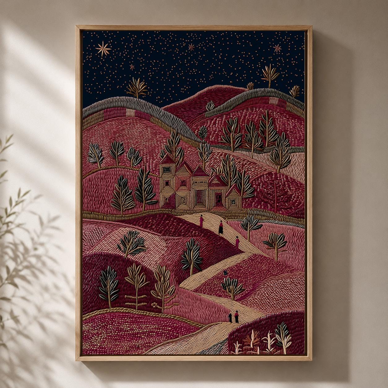 Palestinian Landscape Embroidered Effect Folk Art Olive Tree Framed Canvas by The Wall Art Studio - physical