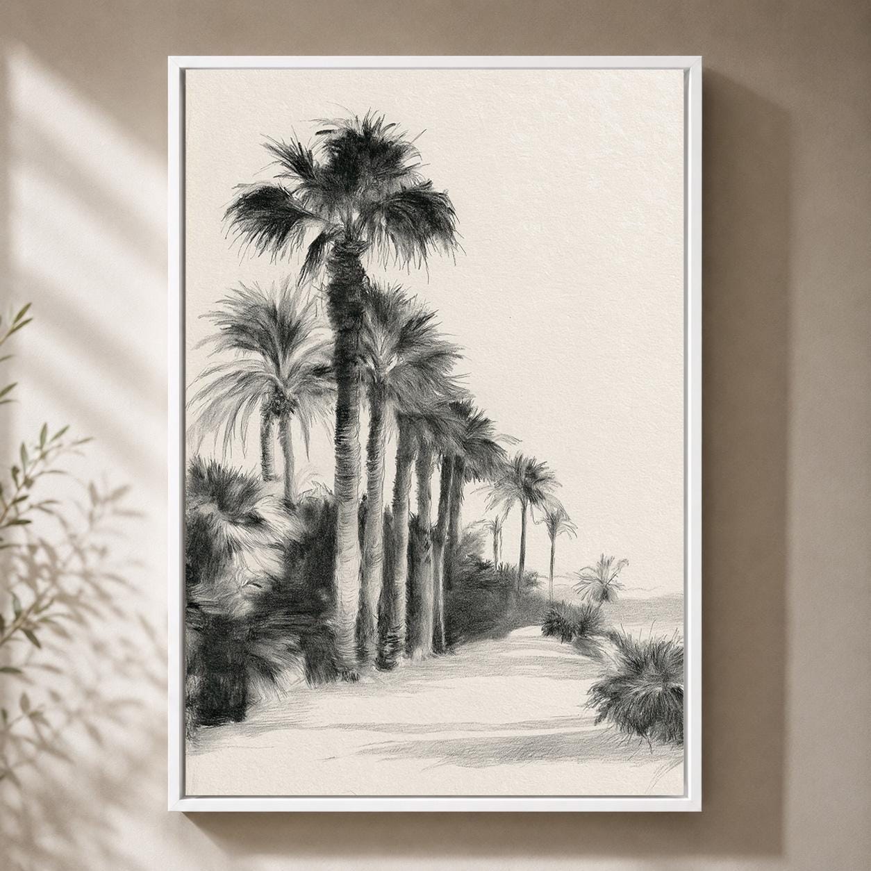 Black and White Palm Tree Tropical Beach Minimalist Seaside Framed Canvas by The Wall Art Studio - physical