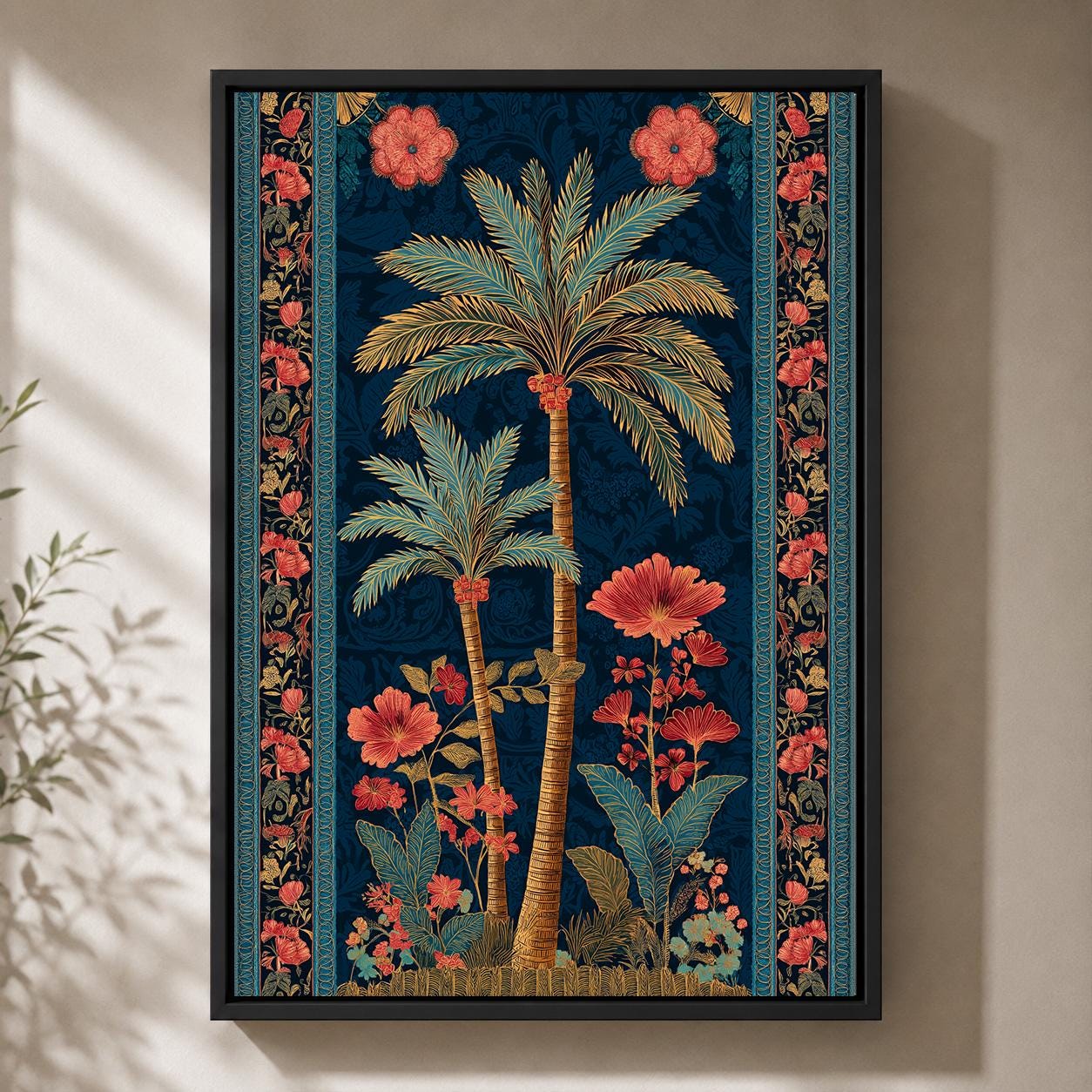 Tropical Palm Tree Floral Botanical Dark Blue and Coral Maximalist Framed Canvas by The Wall Art Studio - physical