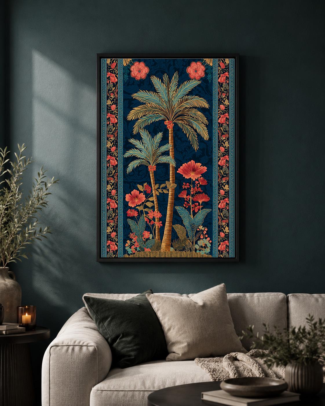 Tropical Palm Tree Floral Botanical Dark Blue and Coral Maximalist Framed Canvas by The Wall Art Studio - physical