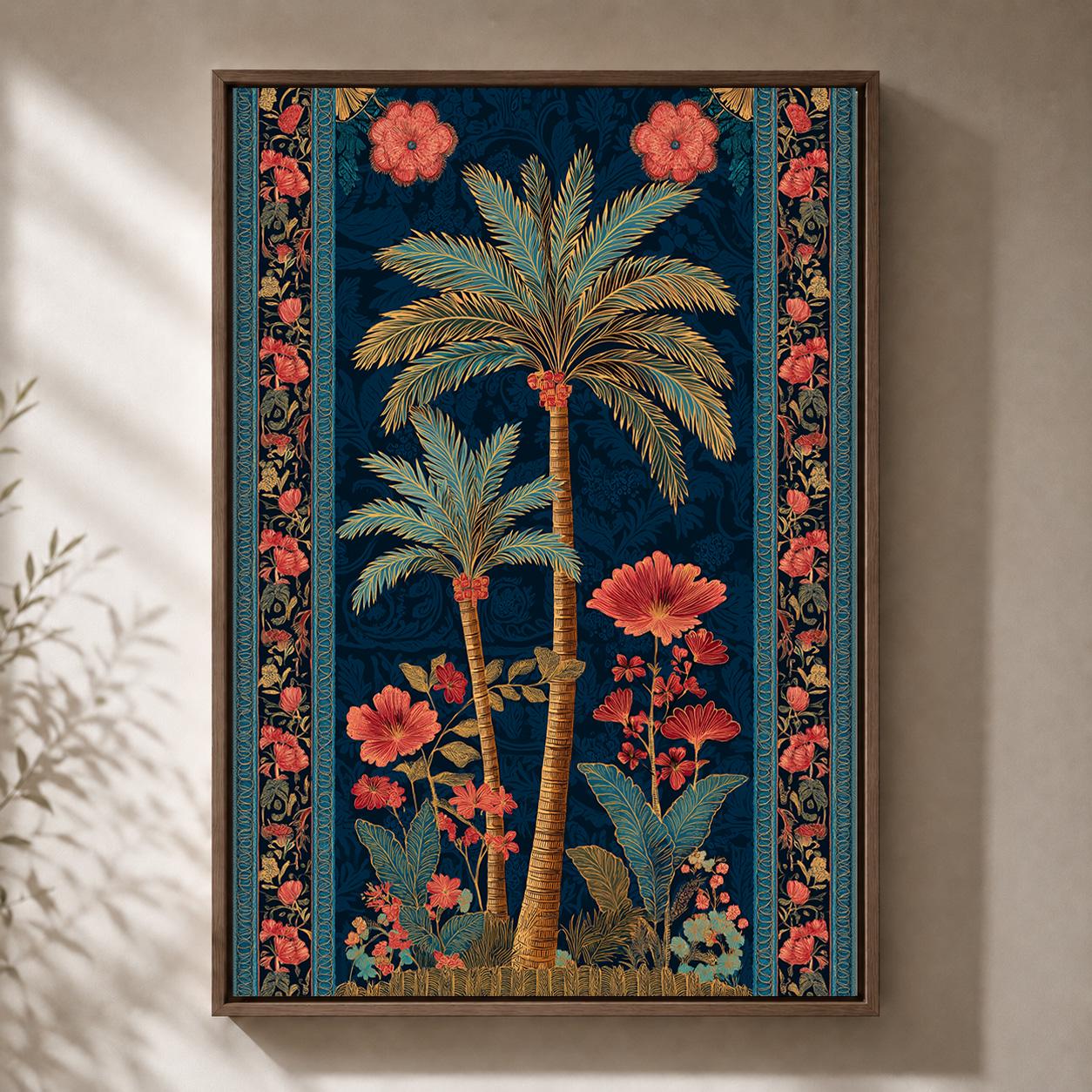 Tropical Palm Tree Floral Botanical Dark Blue and Coral Maximalist Framed Canvas by The Wall Art Studio - physical