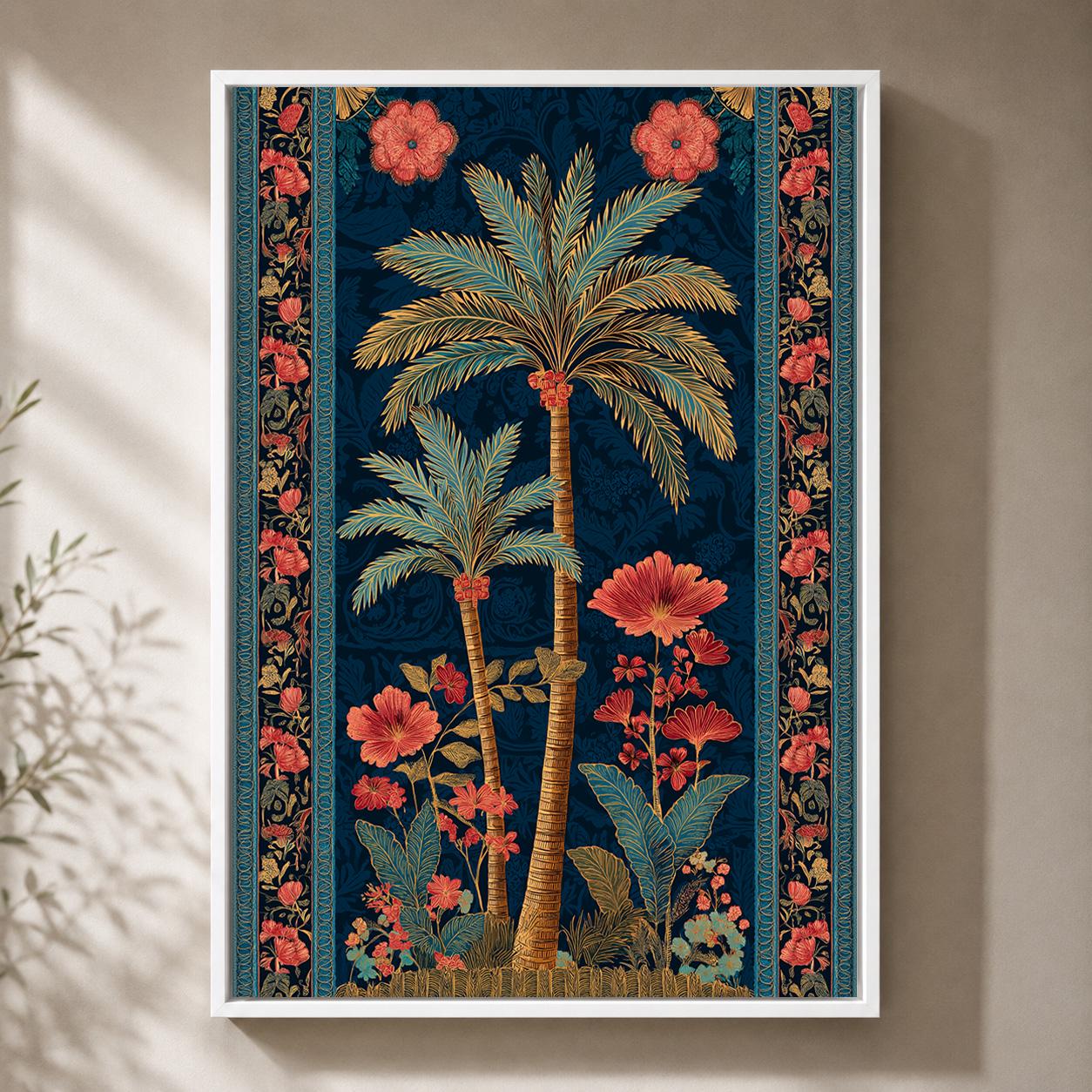 Tropical Palm Tree Floral Botanical Dark Blue and Coral Maximalist Framed Canvas by The Wall Art Studio - physical